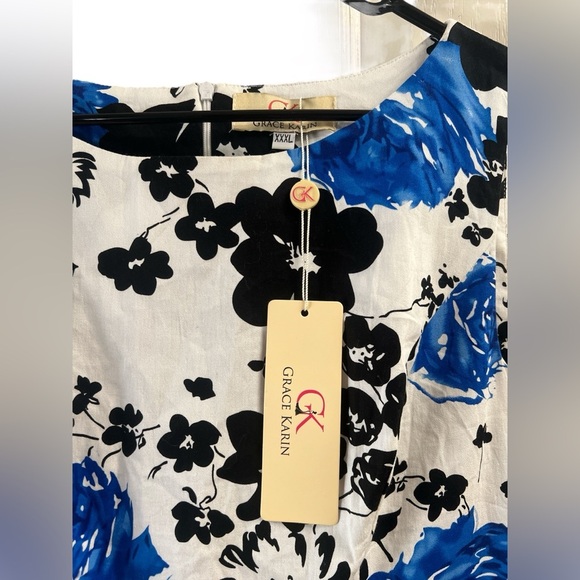 Grace Karin blue and black floral classy midi dress - Picture 3 of 5